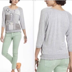 Anthropologie One September Gray & Cream Patchwork Top with Quarter Sleeves